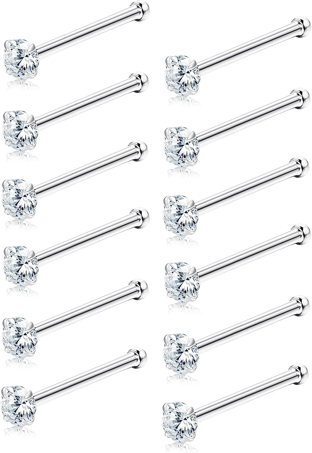 Sllaiss 12Pcs Nose Studs Rings Made with Austrian Crystal Piercing Pin Body Jewelry 1.5mm Surgical Stainless Steel 4 Prongs Setting Nose Stud Piercing Jewelry Set
