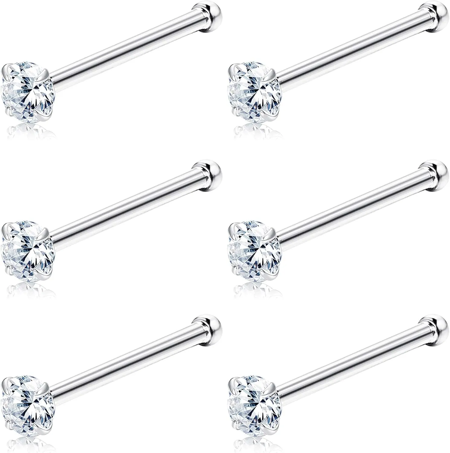 Sllaiss 6Pcs 20G Sets with Austria Zirconia Nose Ring Studs 316L Stainless Steel Hypoallergenic 1.5mm 2mm Nose Piercing Set Body Jewelry