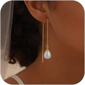 SLOONG Gold Dangle Earrings for Women, Long Hanging Gold Chain Earrings Trendy Hypoallergenic Dangling CZ Pearl Threader Earrings for Women Jewelry