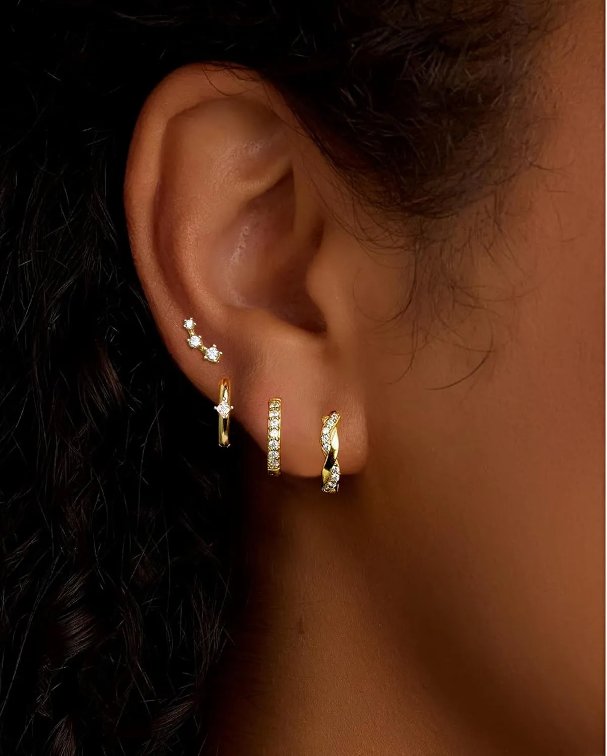 Small Gold Hoops Earrings for Women Trendy Gold Earring Set, 14K Gold Plated Hypoallergenic Huggie Earrings Lightweight Stud Earrings for Women, Twisted CZ Cartilage Earings 4 Pairs