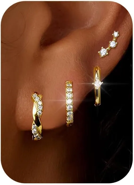 Small Gold Hoops Earrings for Women Trendy Gold Earring Set, 14K Gold Plated Hypoallergenic Huggie Earrings Lightweight Stud Earrings for Women, Twisted CZ Cartilage Earings 4 Pairs