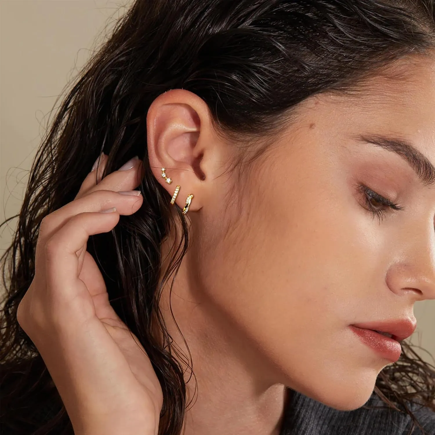 Small Gold Hoops Earrings for Women Trendy Gold Earring Set, 14K Gold Plated Hypoallergenic Huggie Earrings Lightweight Stud Earrings for Women, Twisted CZ Cartilage Earings 4 Pairs