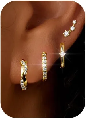 Small Gold Hoops Earrings for Women Trendy Gold Earring Set, 14K Gold Plated Hypoallergenic Huggie Earrings Lightweight Stud Earrings for Women, Twisted CZ Cartilage Earings 4 Pairs