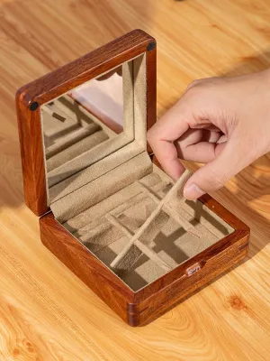 Solid Walnut Travel Jewelry Case with Mirror - Portable Wooden Organizer for Rings, Earrings, Cufflinks | Velvet Lined, Handmade Compact Storage