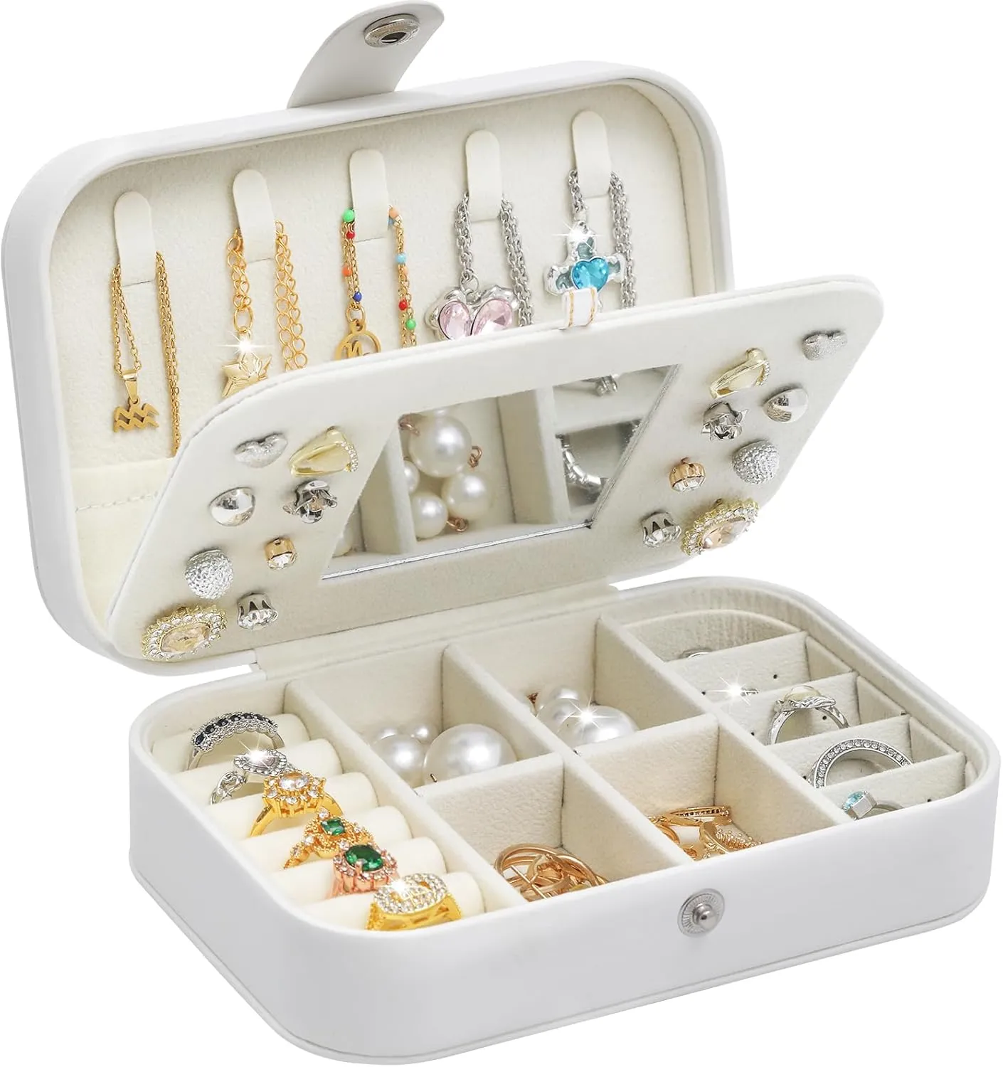 Song Xi Travel Jewelry Box Small Jewelry Case with Mirror, White Jewelry Boxes for Women, Portable Mini Travel Jewelry Organizer for Necklaces, Earrings, Rings, Bracelets Christmas Gift for Women