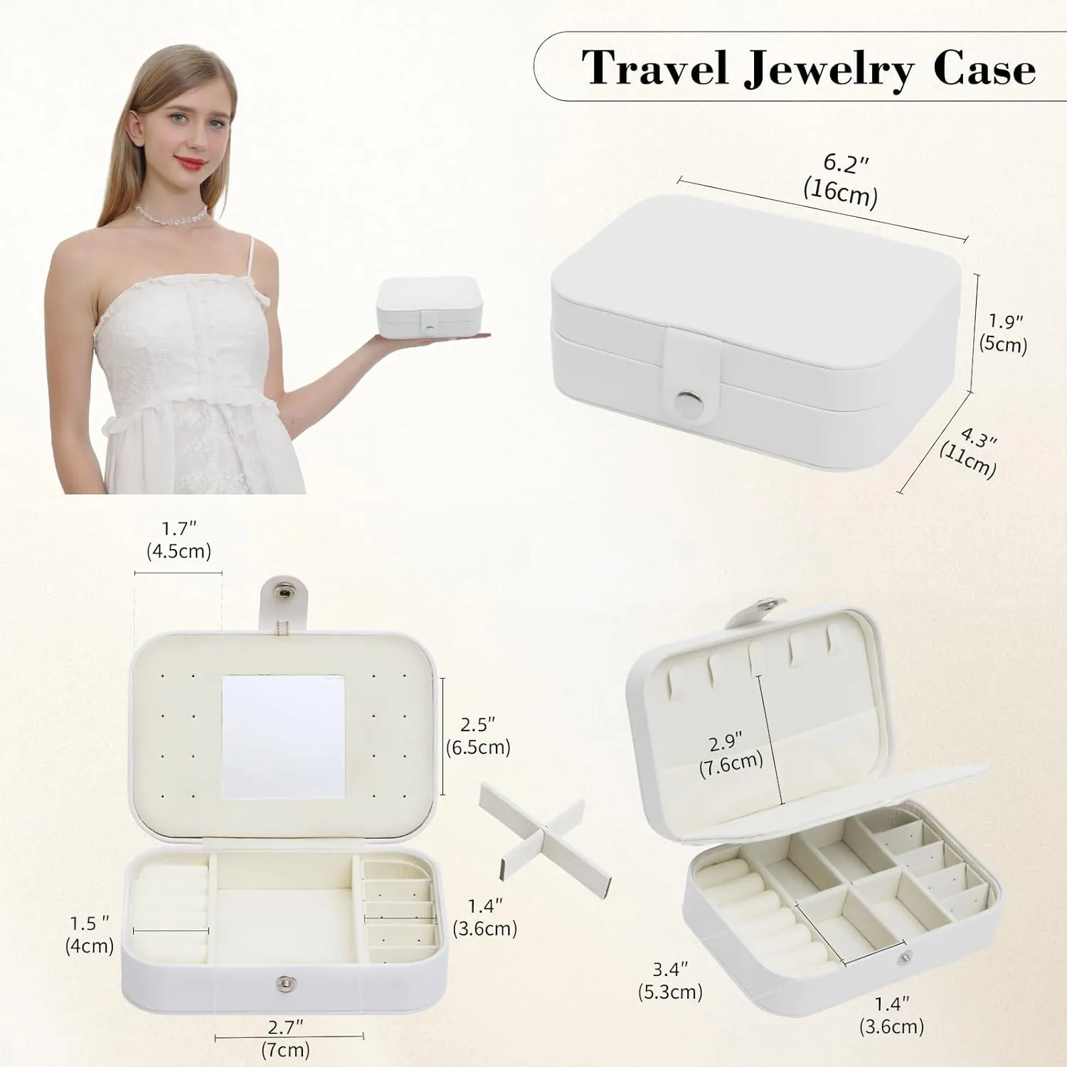 Song Xi Travel Jewelry Box Small Jewelry Case with Mirror, White Jewelry Boxes for Women, Portable Mini Travel Jewelry Organizer for Necklaces, Earrings, Rings, Bracelets Christmas Gift for Women