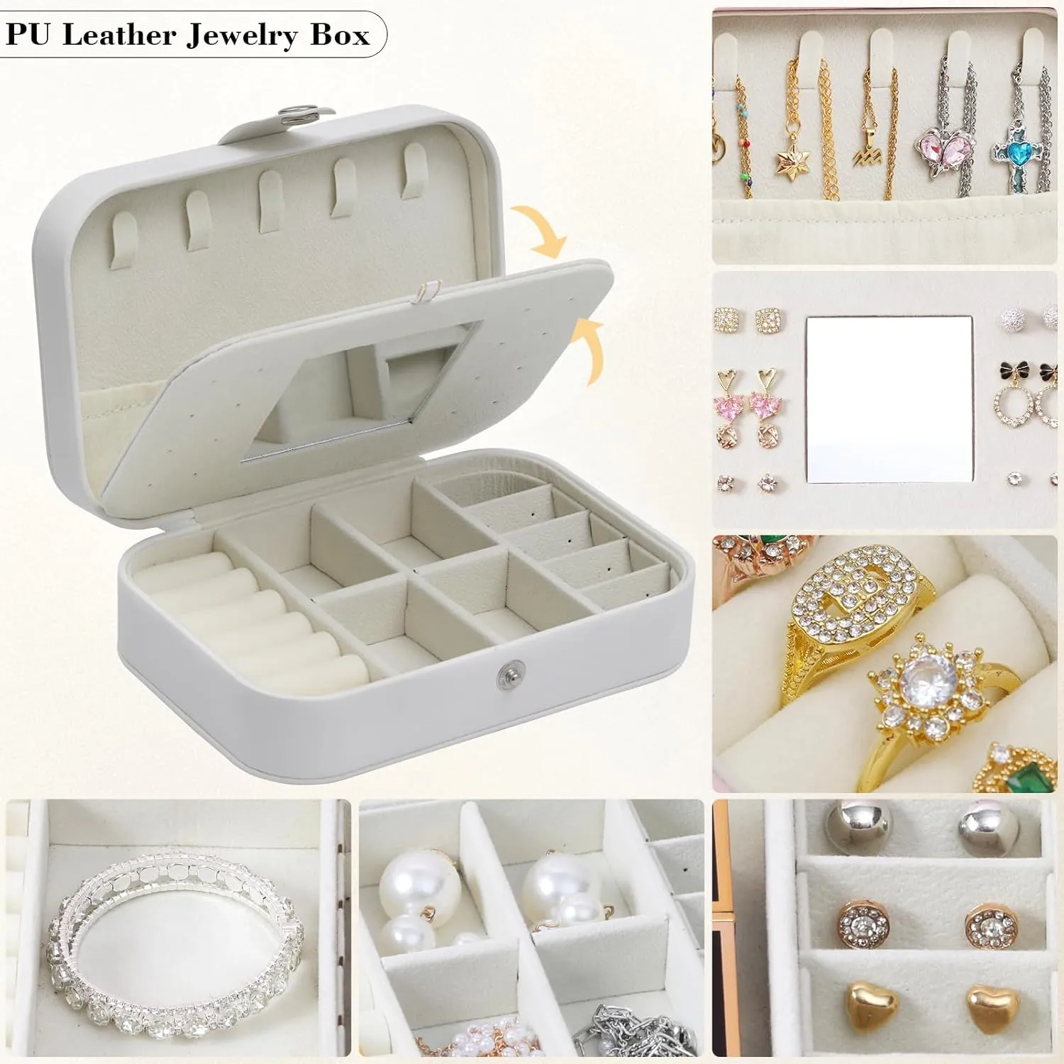 Song Xi Travel Jewelry Box Small Jewelry Case with Mirror, White Jewelry Boxes for Women, Portable Mini Travel Jewelry Organizer for Necklaces, Earrings, Rings, Bracelets Christmas Gift for Women