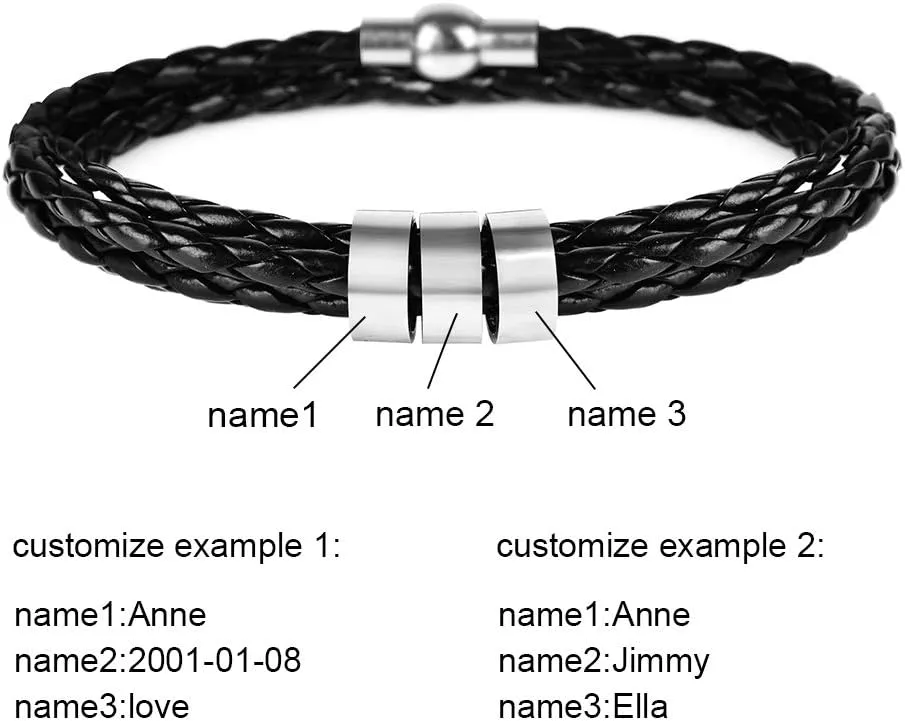 SOULSIS Men's Black Braid Leather Bracelet with Names Engraved in Custom Beads
