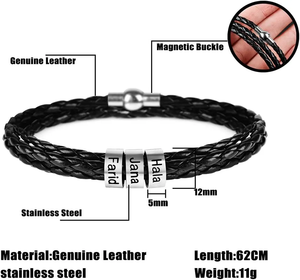 SOULSIS Men's Black Braid Leather Bracelet with Names Engraved in Custom Beads