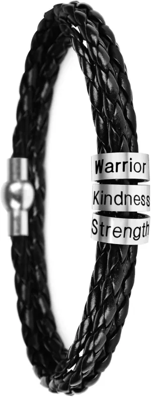 SOULSIS Men's Black Braid Leather Bracelet with Names Engraved in Custom Beads