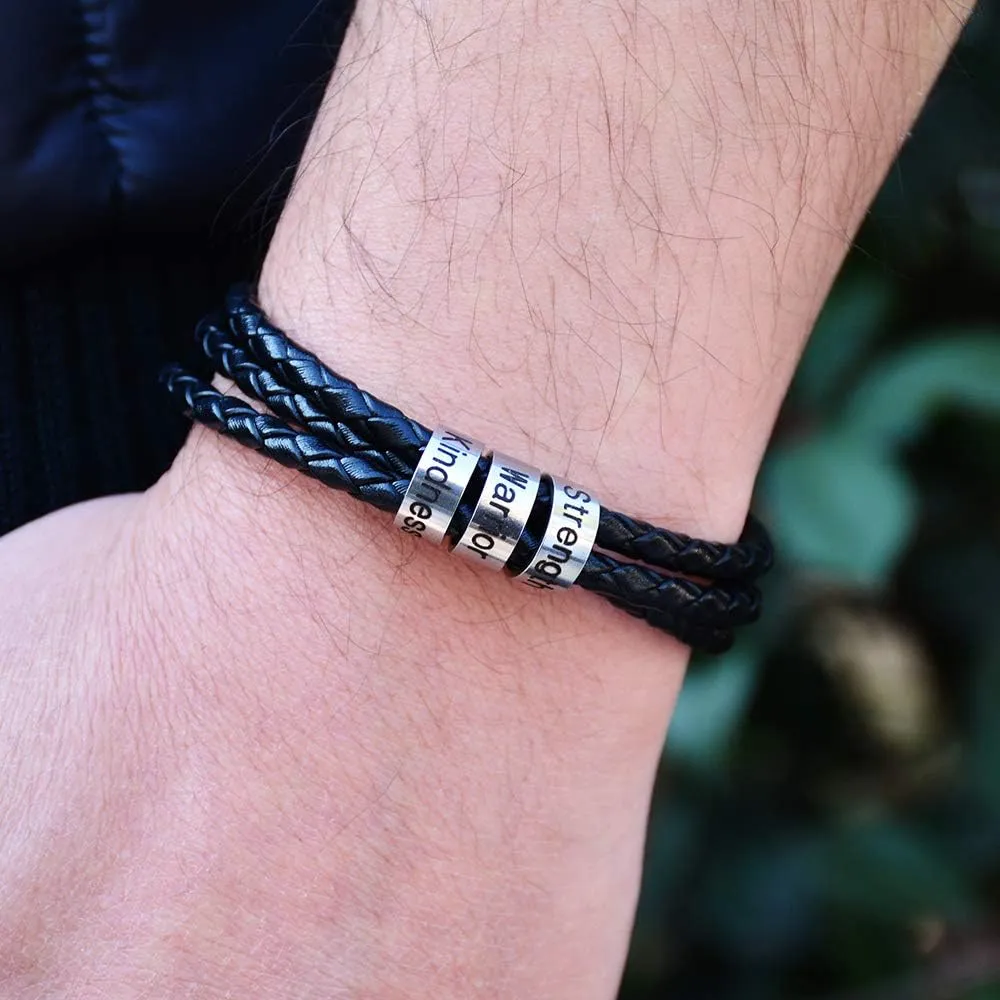 SOULSIS Men's Black Braid Leather Bracelet with Names Engraved in Custom Beads