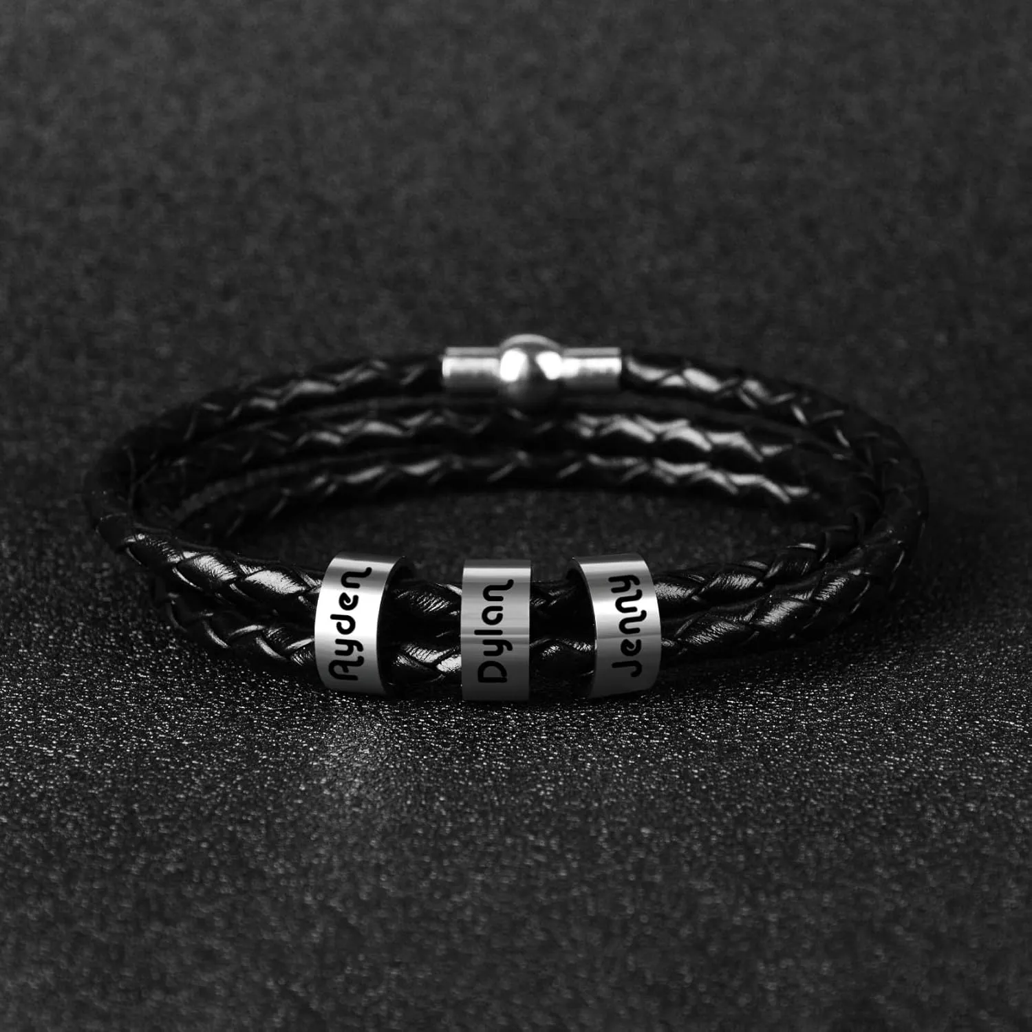 SOULSIS Men's Black Braid Leather Bracelet with Names Engraved in Custom Beads