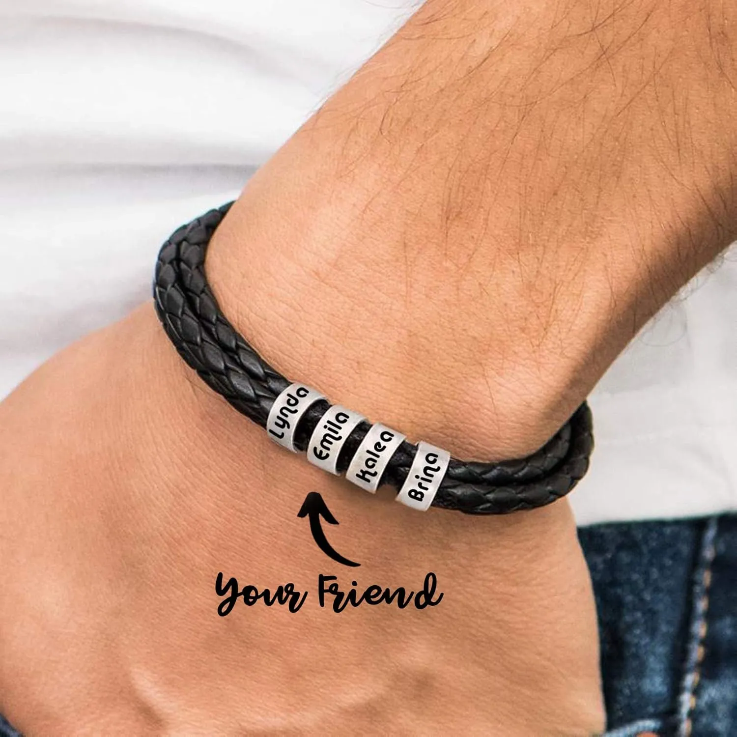 SOULSIS Men's Black Braid Leather Bracelet with Names Engraved in Custom Beads