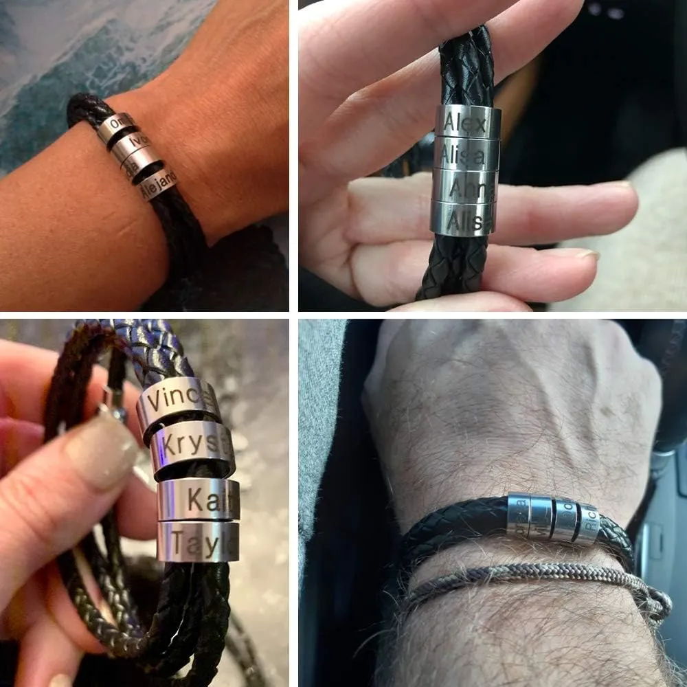 SOULSIS Men's Black Braid Leather Bracelet with Names Engraved in Custom Beads