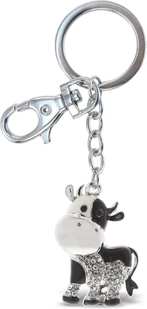 Sparkling 3D Rhinestone Cow Keychain - Silver Crystal Bling Keychain Ring Holder with Clasp