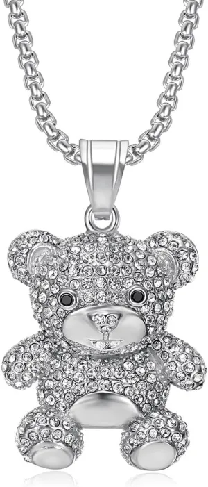 Sparkling Cubic Zirconia - Embellished Stainless Steel Teddy Bear Pendant Necklace - Adorable Jewelry for Women(Silver)