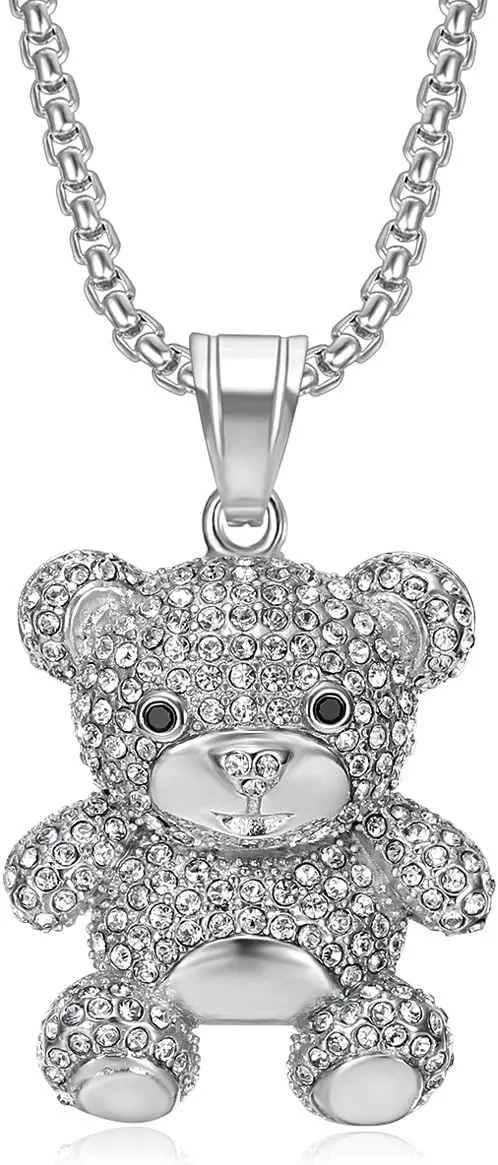 Sparkling Cubic Zirconia - Embellished Stainless Steel Teddy Bear Pendant Necklace - Adorable Jewelry for Women(Silver)