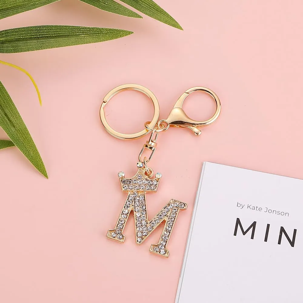 Sparkling Gold Letter A-Z Crown Keychain Imitation Crystal Bag Charms Purse For Handbags