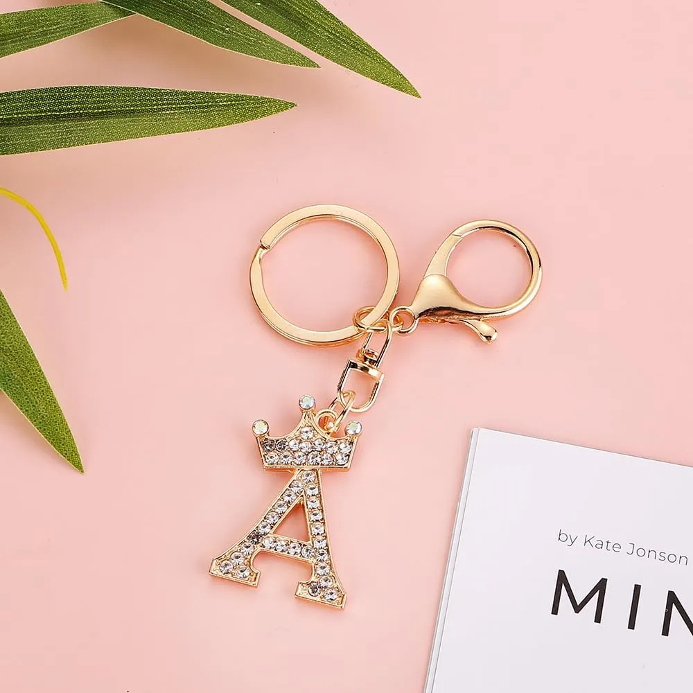 Sparkling Gold Letter A-Z Crown Keychain Imitation Crystal Bag Charms Purse For Handbags
