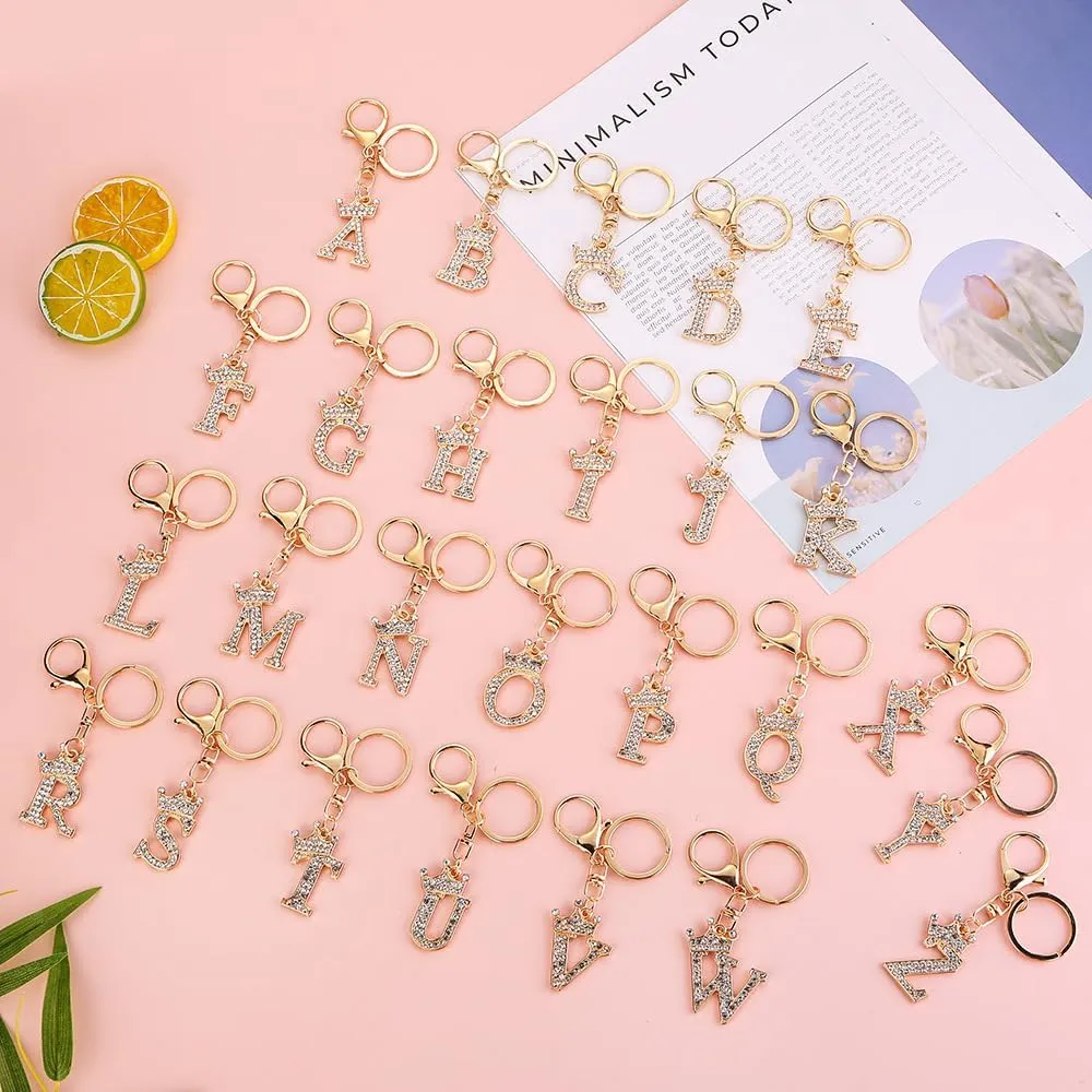 Sparkling Gold Letter A-Z Crown Keychain Imitation Crystal Bag Charms Purse For Handbags