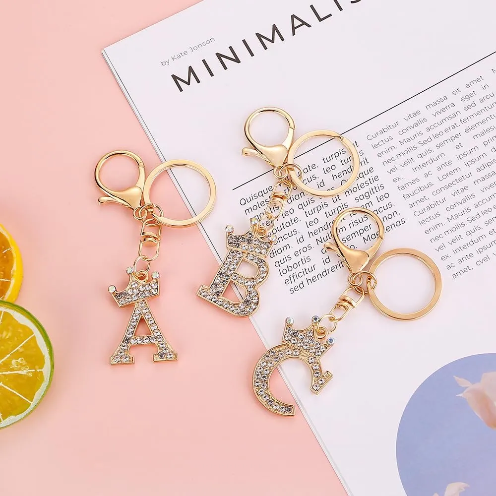 Sparkling Gold Letter A-Z Crown Keychain Imitation Crystal Bag Charms Purse For Handbags