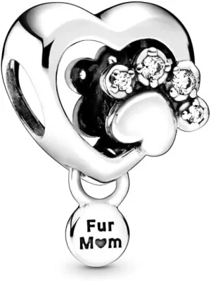 Sparkling Paw Print & Heart Charms 925 Sterling Silver Fur Mom Pendant for Bracelets
