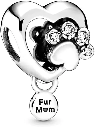 Sparkling Paw Print & Heart Charms 925 Sterling Silver Fur Mom Pendant for Bracelets