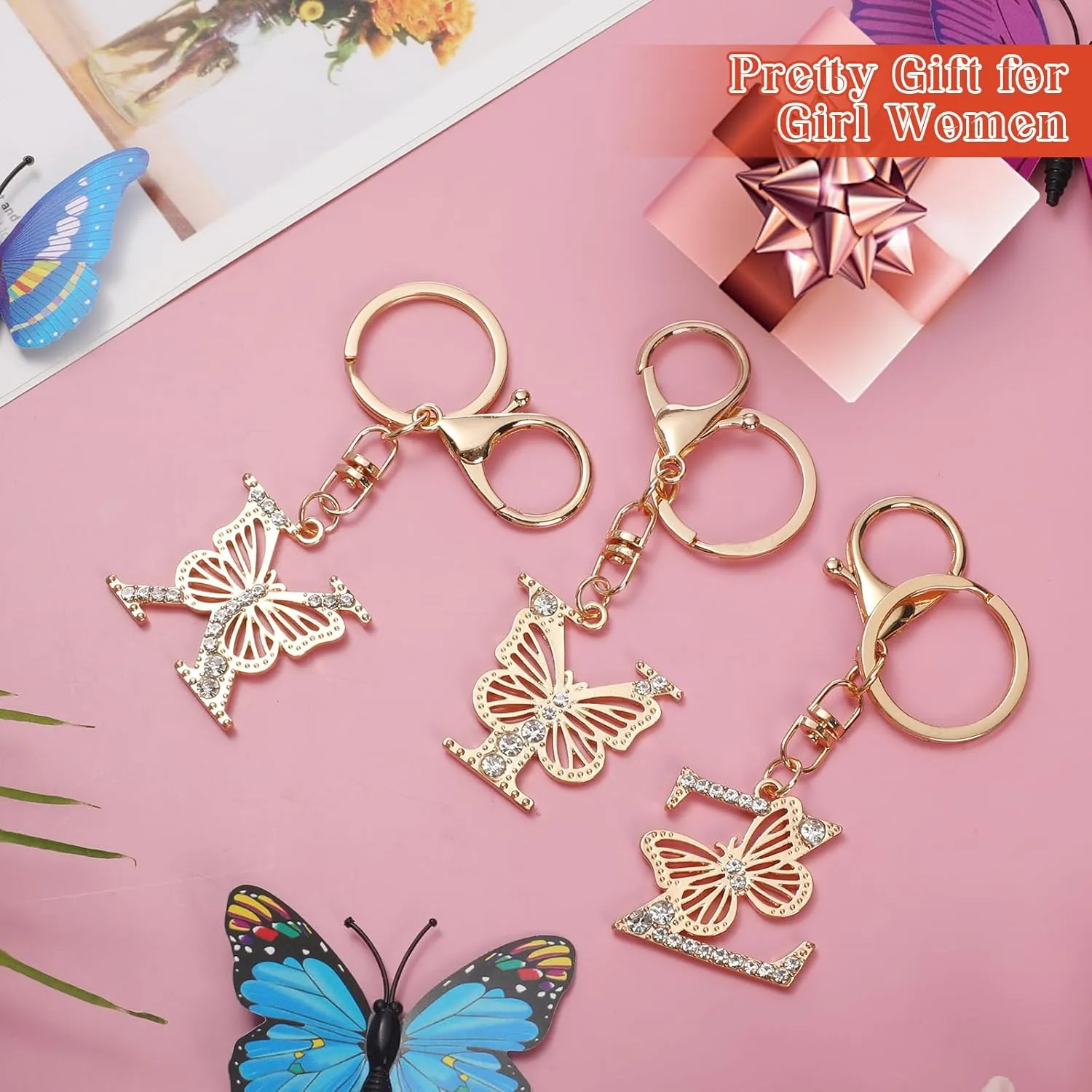 Sparkling Rhinestone Letter Keychain, A-Z Letter Butterfly Keychain, Women's & Girls' Butterfly Keychains