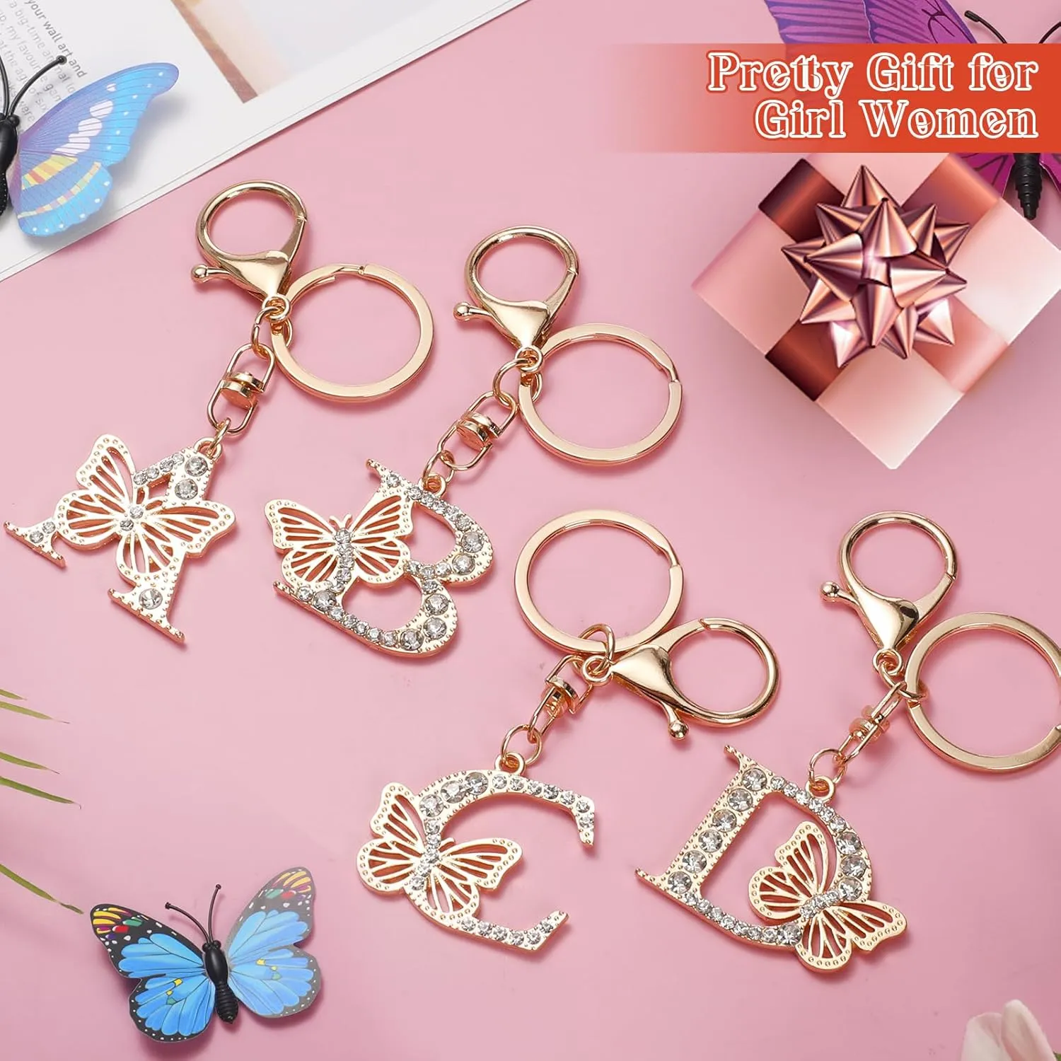 Sparkling Rhinestone Letter Keychain, A-Z Letter Butterfly Keychain, Women's & Girls' Butterfly Keychains