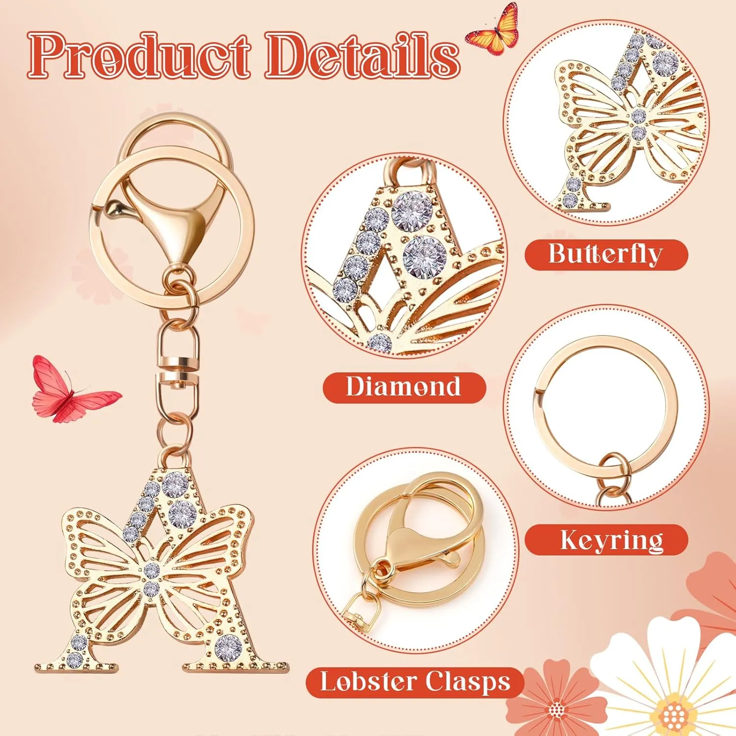 Sparkling Rhinestone Letter Keychain, A-Z Letter Butterfly Keychain, Women's & Girls' Butterfly Keychains
