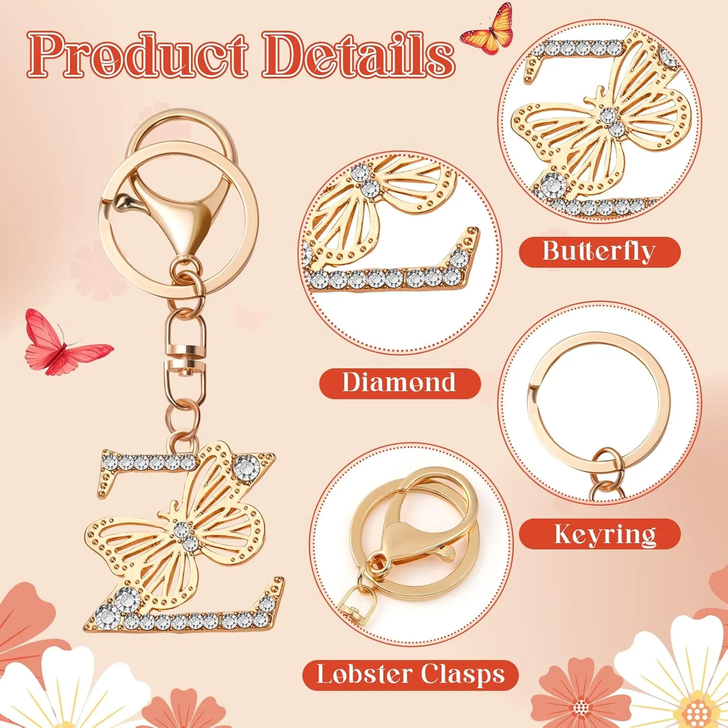 Sparkling Rhinestone Letter Keychain, A-Z Letter Butterfly Keychain, Women's & Girls' Butterfly Keychains