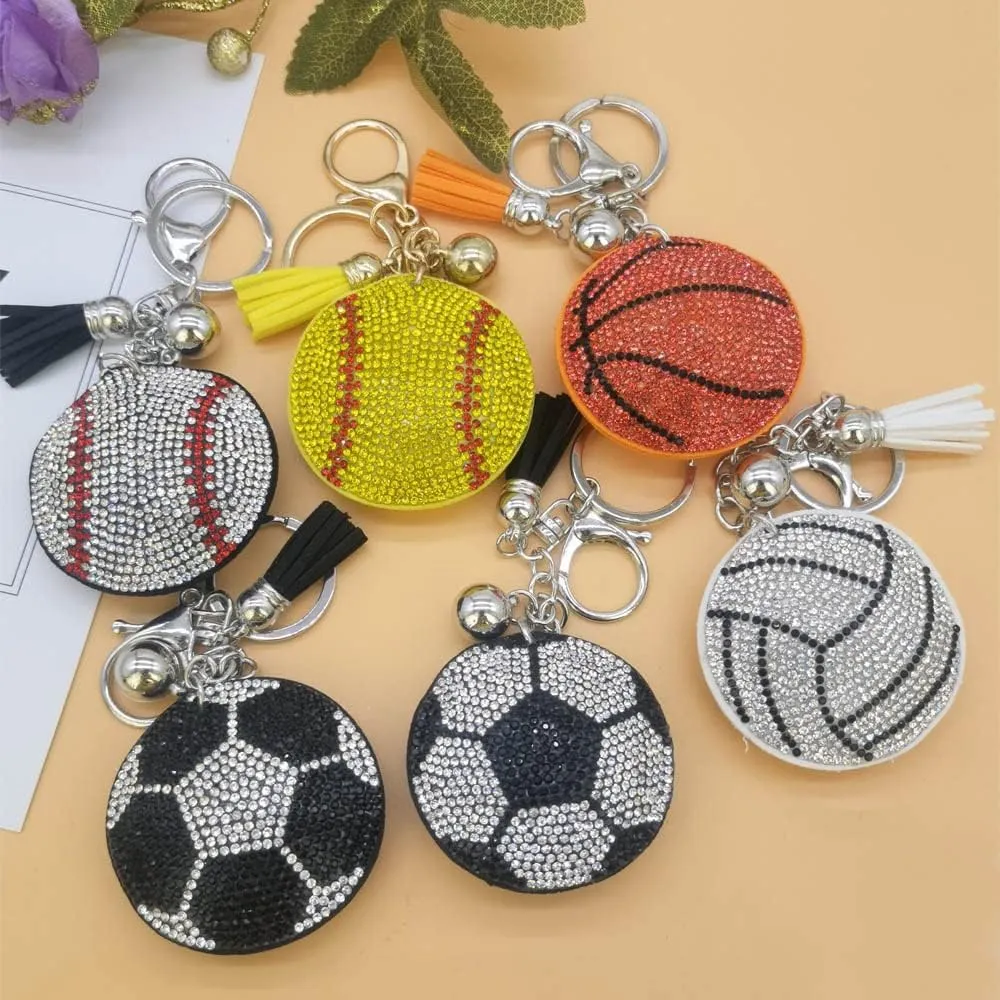 Sparkling Sports Ball Keychain Rhinestone Baseball Football Softball Tassel Keyring Athletes Homecoming Gift