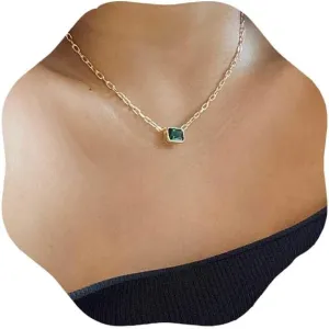 Square Green Crystal Necklace Square Pendant Choker Necklace Paperclip Necklace Gold Square Necklaces Jewelry for Women