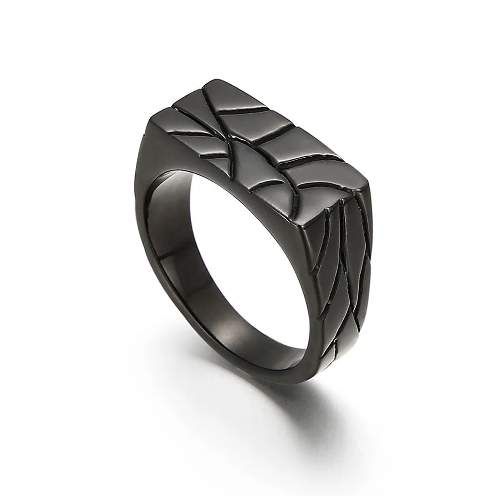 STAINLESS STEEL CRACKED RECTANGULAR SIGNET RING