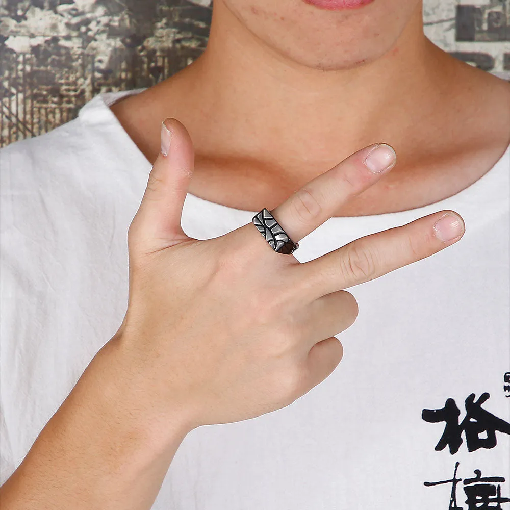 STAINLESS STEEL CRACKED RECTANGULAR SIGNET RING