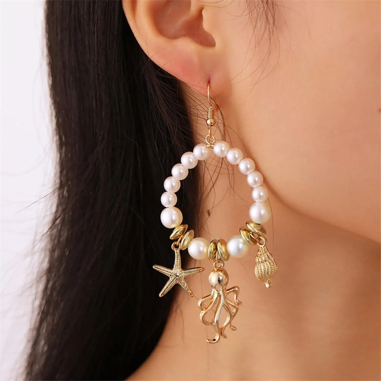 Starfish Pearl Earrings for Women Ocean-Themed Luxury Pearl Pendant Drops with Natural Shell Accents - Elegant Beach Jewelry Gift for Wedding/Party/Beach Vacation