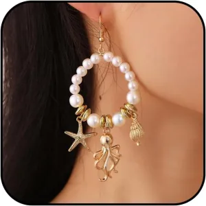 Starfish Pearl Earrings for Women Ocean-Themed Luxury Pearl Pendant Drops with Natural Shell Accents - Elegant Beach Jewelry Gift for Wedding/Party/Beach Vacation