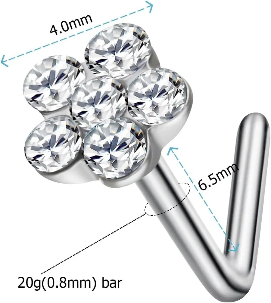 Steel 20G Nose Bone Studs for Women, Set Clear Austrian Gems Hypoallergenic L Shape Nose Piercing Jewelry
