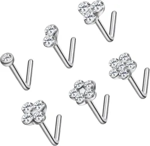 Steel 20G Nose Bone Studs for Women, Set Clear Austrian Gems Hypoallergenic L Shape Nose Piercing Jewelry