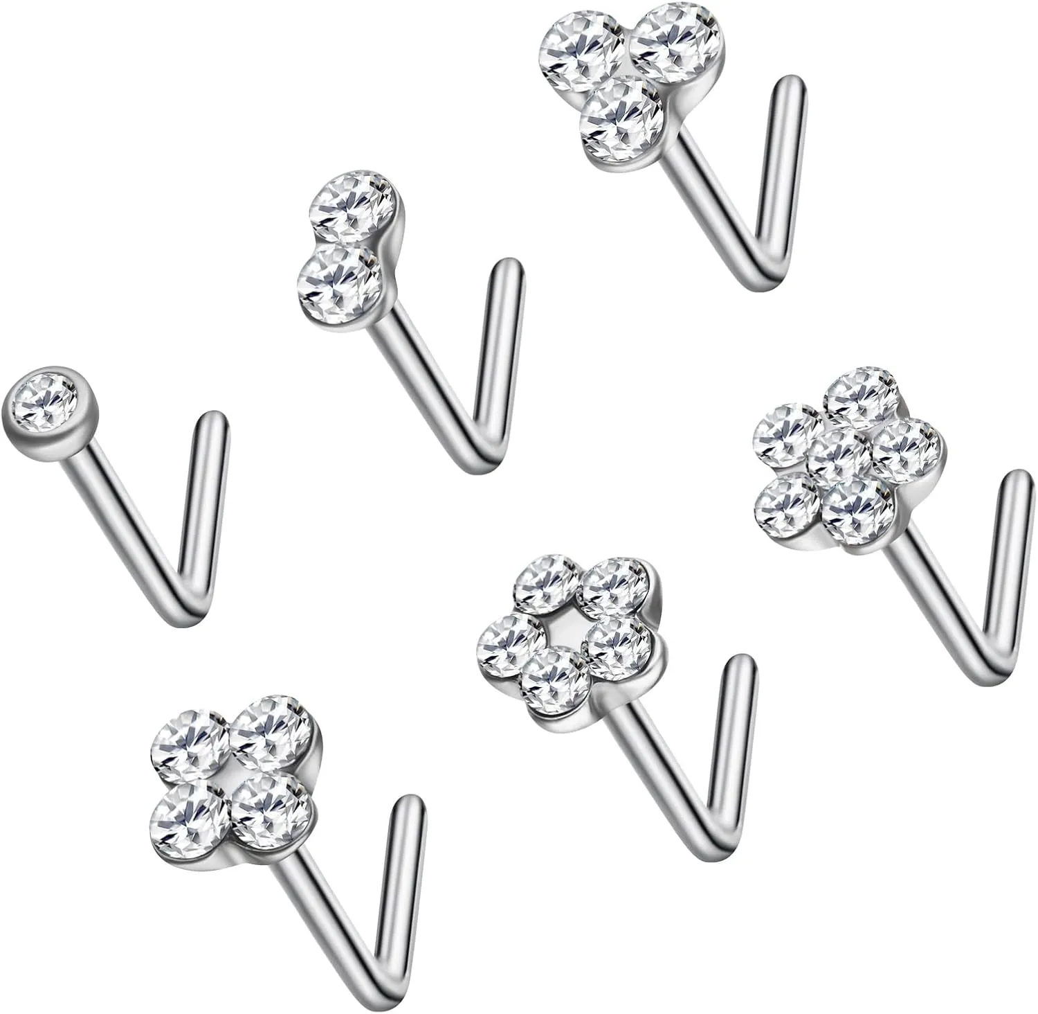 Steel 20G Nose Bone Studs for Women, Set Clear Austrian Gems Hypoallergenic L Shape Nose Piercing Jewelry