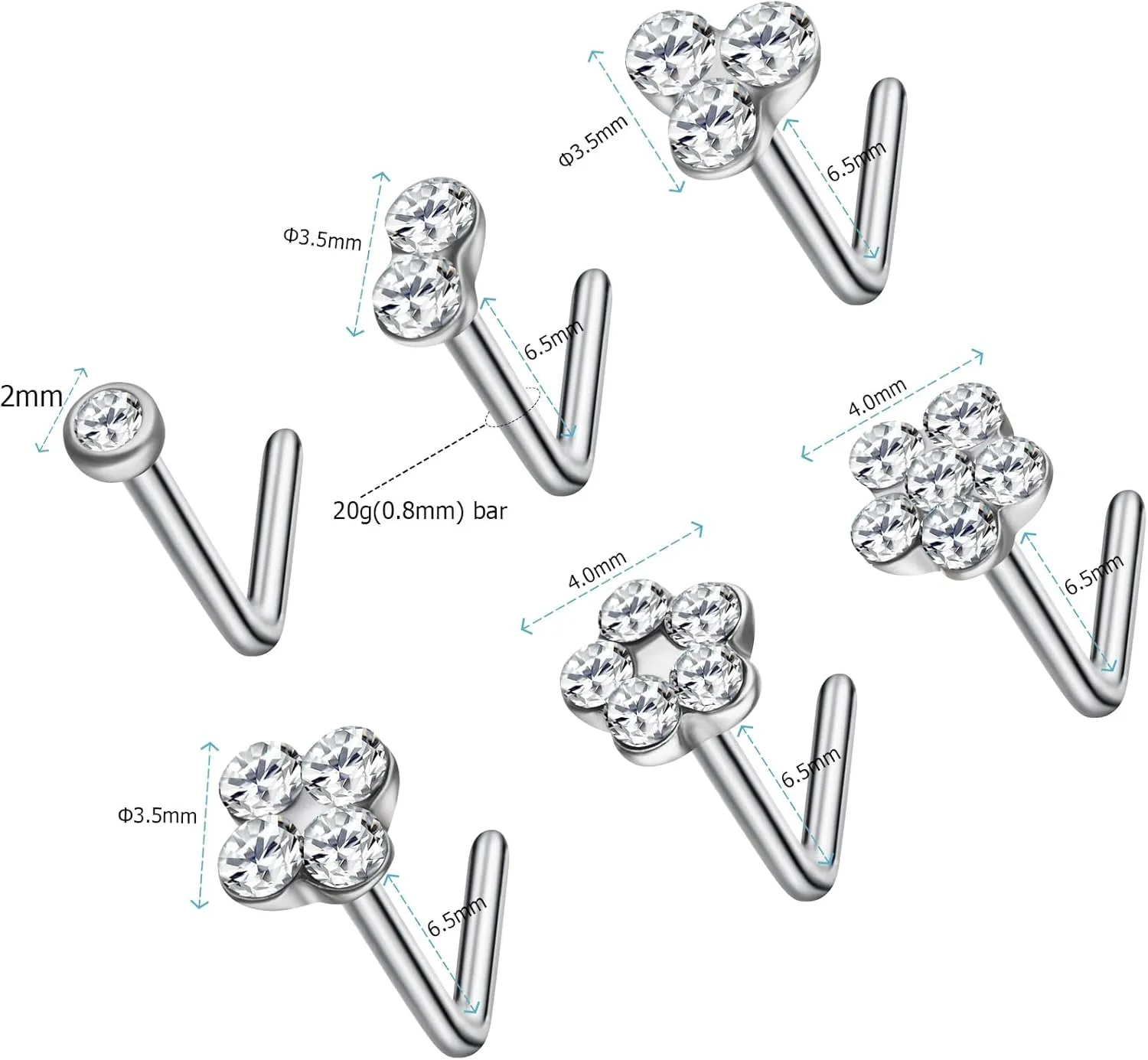 Steel 20G Nose Bone Studs for Women, Set Clear Austrian Gems Hypoallergenic L Shape Nose Piercing Jewelry
