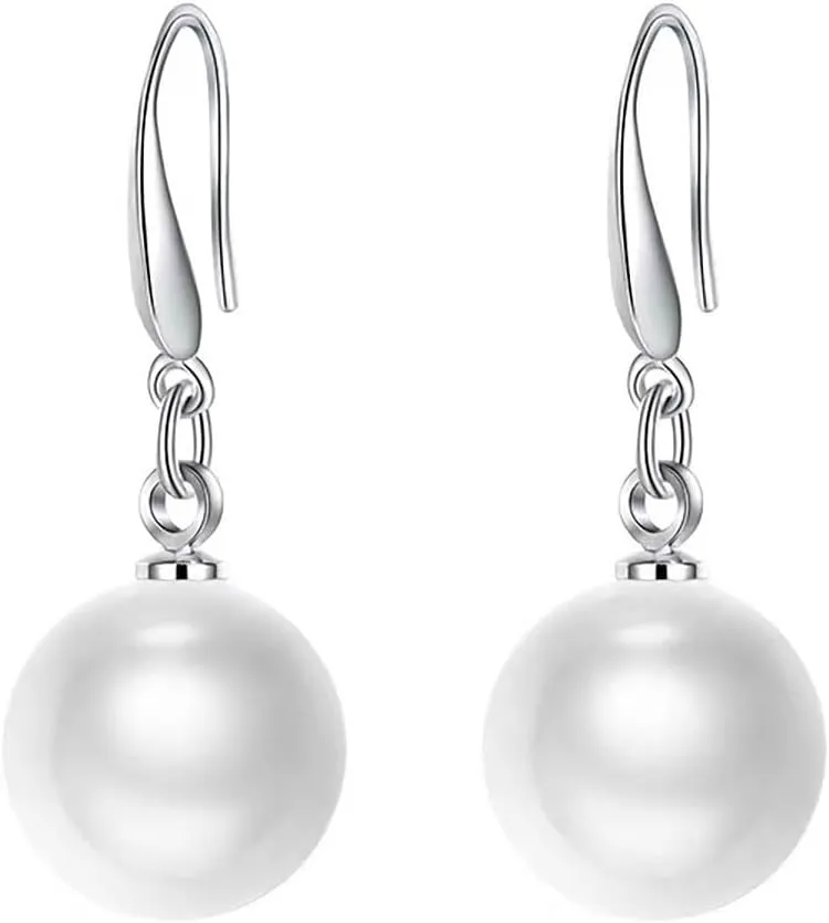Sterling Silver Big Pearl Earrings for Women Freshwater Cultured Pearls Dangle Drop Earring Jewelry for Women Large Round White Pearl Studs Earrings