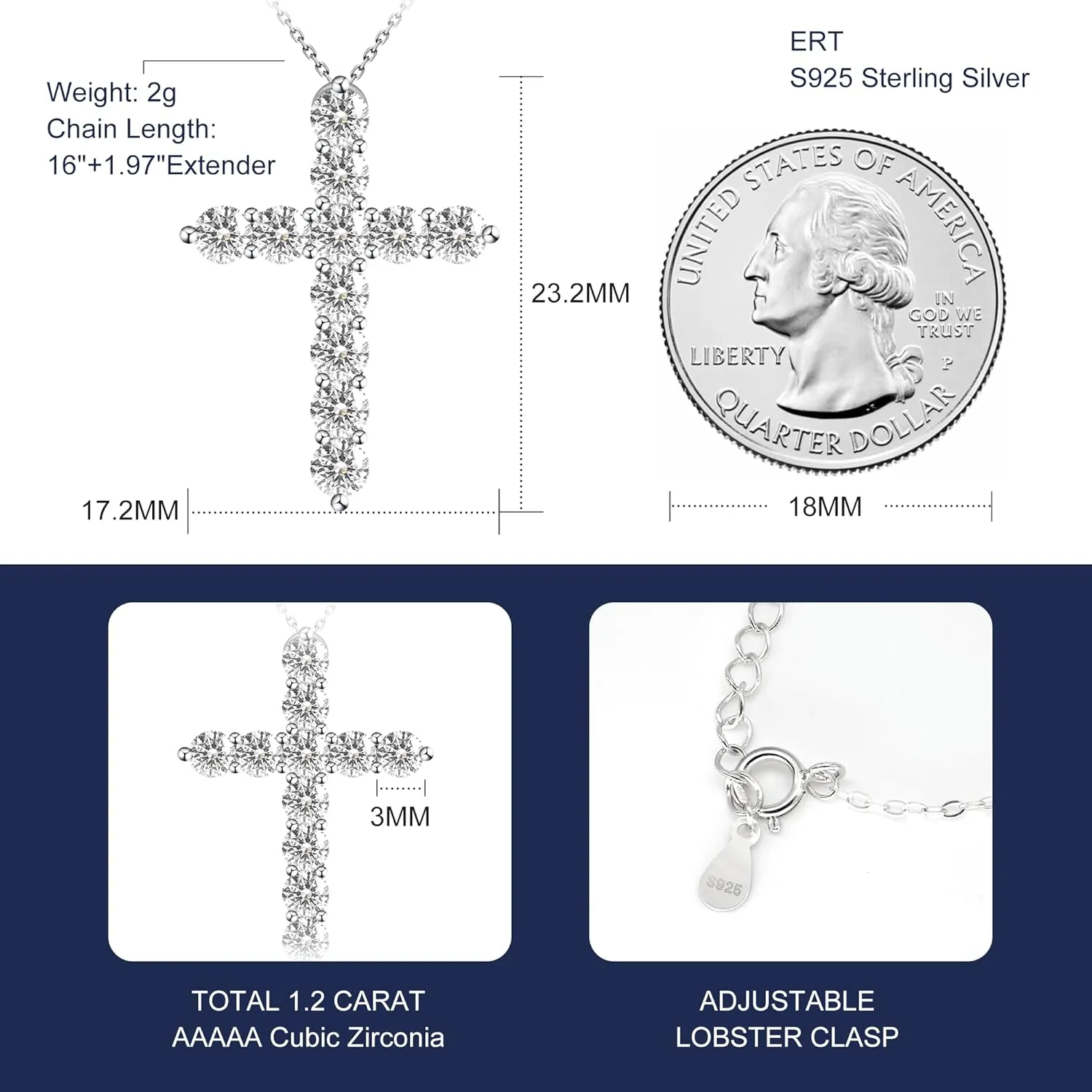 Sterling Silver Cross Necklace for Women, White Gold Plated Faith Pendant, Dainty Diamond Necklace with Adjustable 18 Chain, Elegant Christian Jewelry Gift