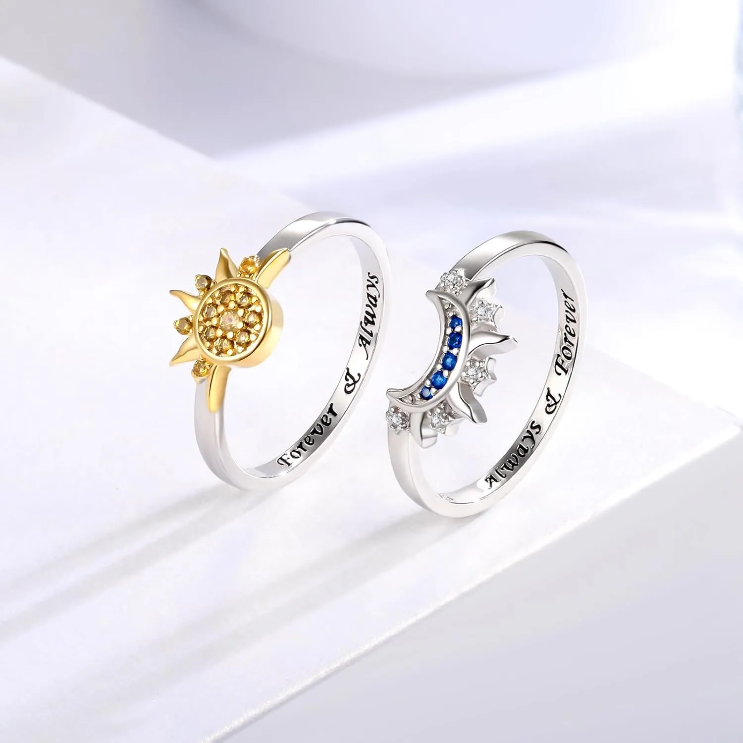 Sterling Silver Moon Sun Rings Set for 2 Stackable Matching Ring Friendship Couples Mother Daughter Promise Jewelry Gifts for Women Bff