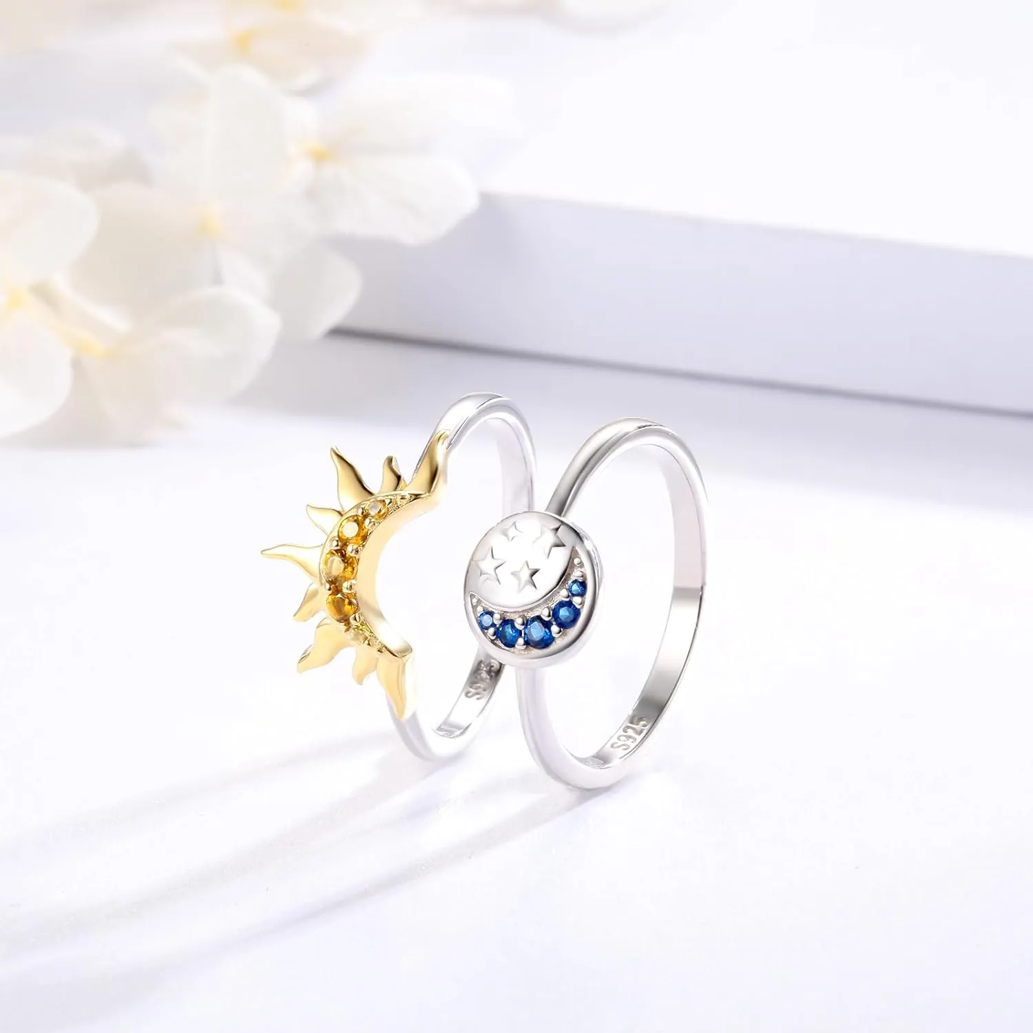 Sterling Silver Moon Sun Rings Set for 2 Stackable Matching Ring Friendship Couples Mother Daughter Promise Jewelry Gifts for Women Bff
