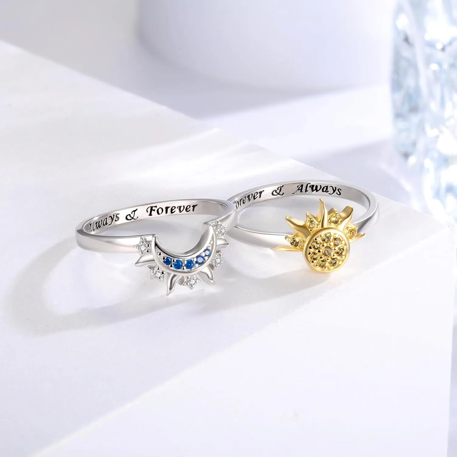 Sterling Silver Moon Sun Rings Set for 2 Stackable Matching Ring Friendship Couples Mother Daughter Promise Jewelry Gifts for Women Bff