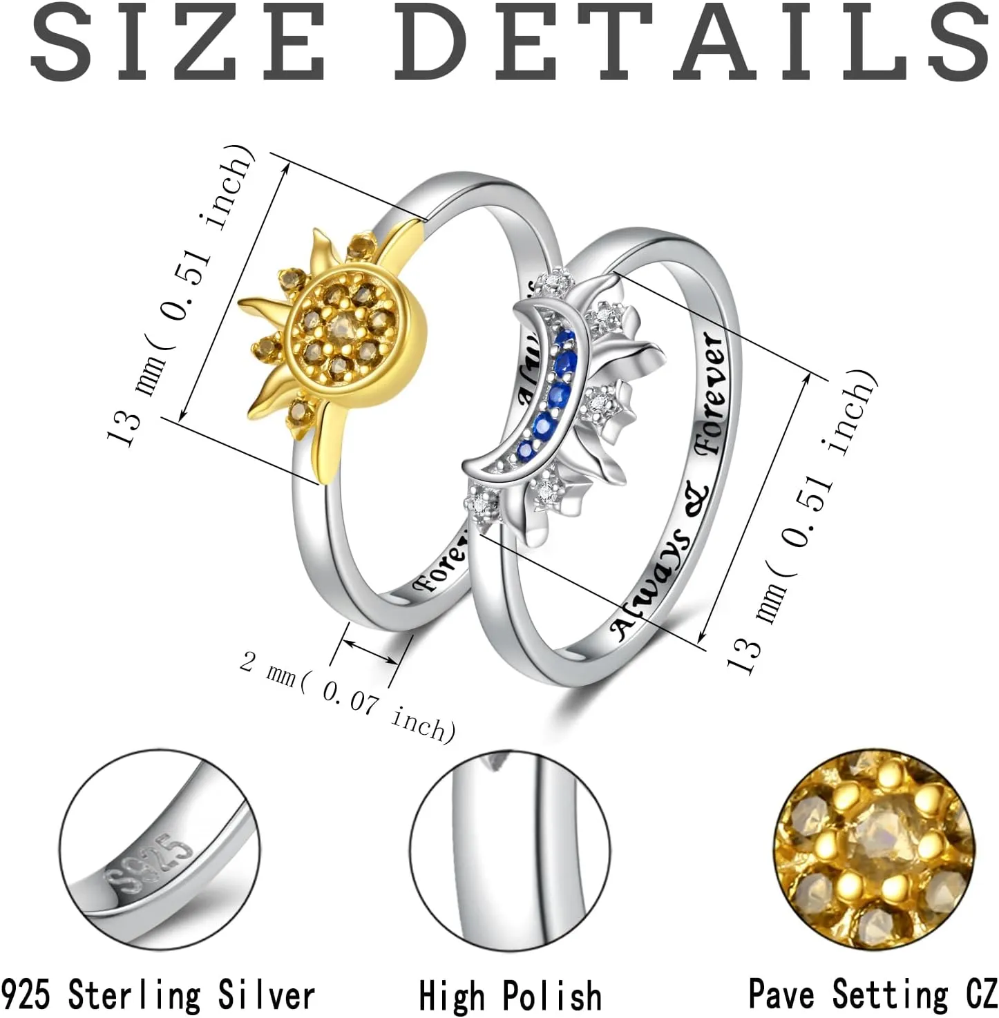 Sterling Silver Moon Sun Rings Set for 2 Stackable Matching Ring Friendship Couples Mother Daughter Promise Jewelry Gifts for Women Bff
