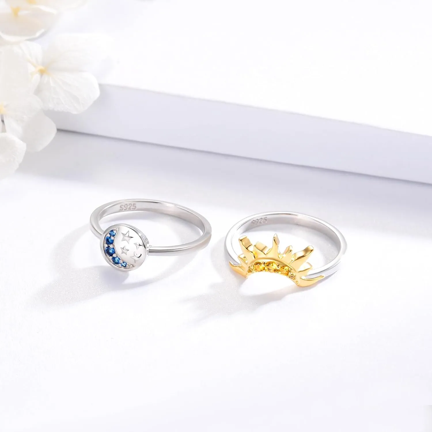 Sterling Silver Moon Sun Rings Set for 2 Stackable Matching Ring Friendship Couples Mother Daughter Promise Jewelry Gifts for Women Bff