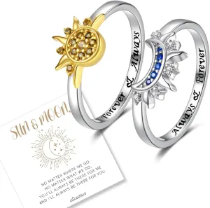 Sterling Silver Moon Sun Rings Set for 2 Stackable Matching Ring Friendship Couples Mother Daughter Promise Jewelry Gifts for Women Bff
