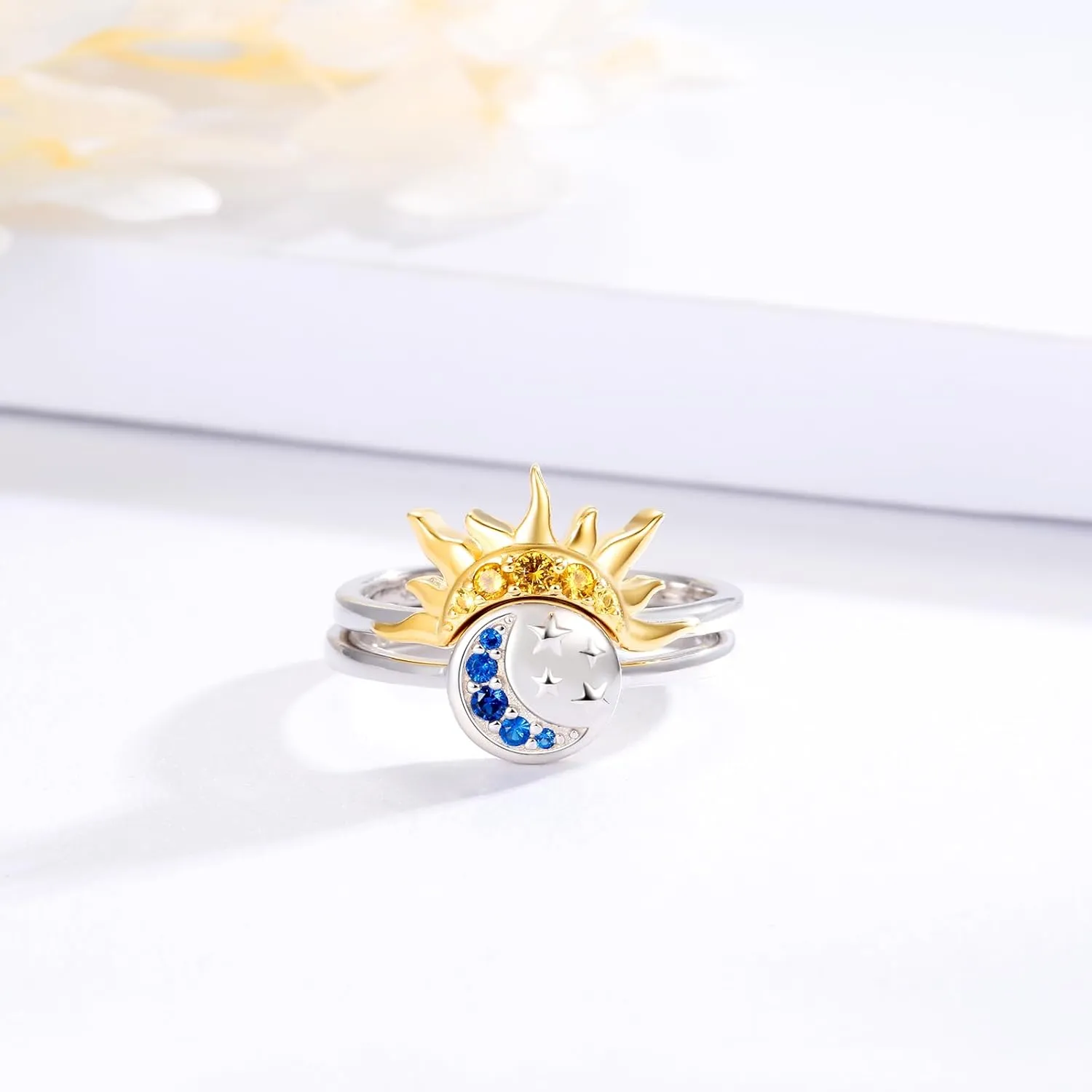Sterling Silver Moon Sun Rings Set for 2 Stackable Matching Ring Friendship Couples Mother Daughter Promise Jewelry Gifts for Women Bff